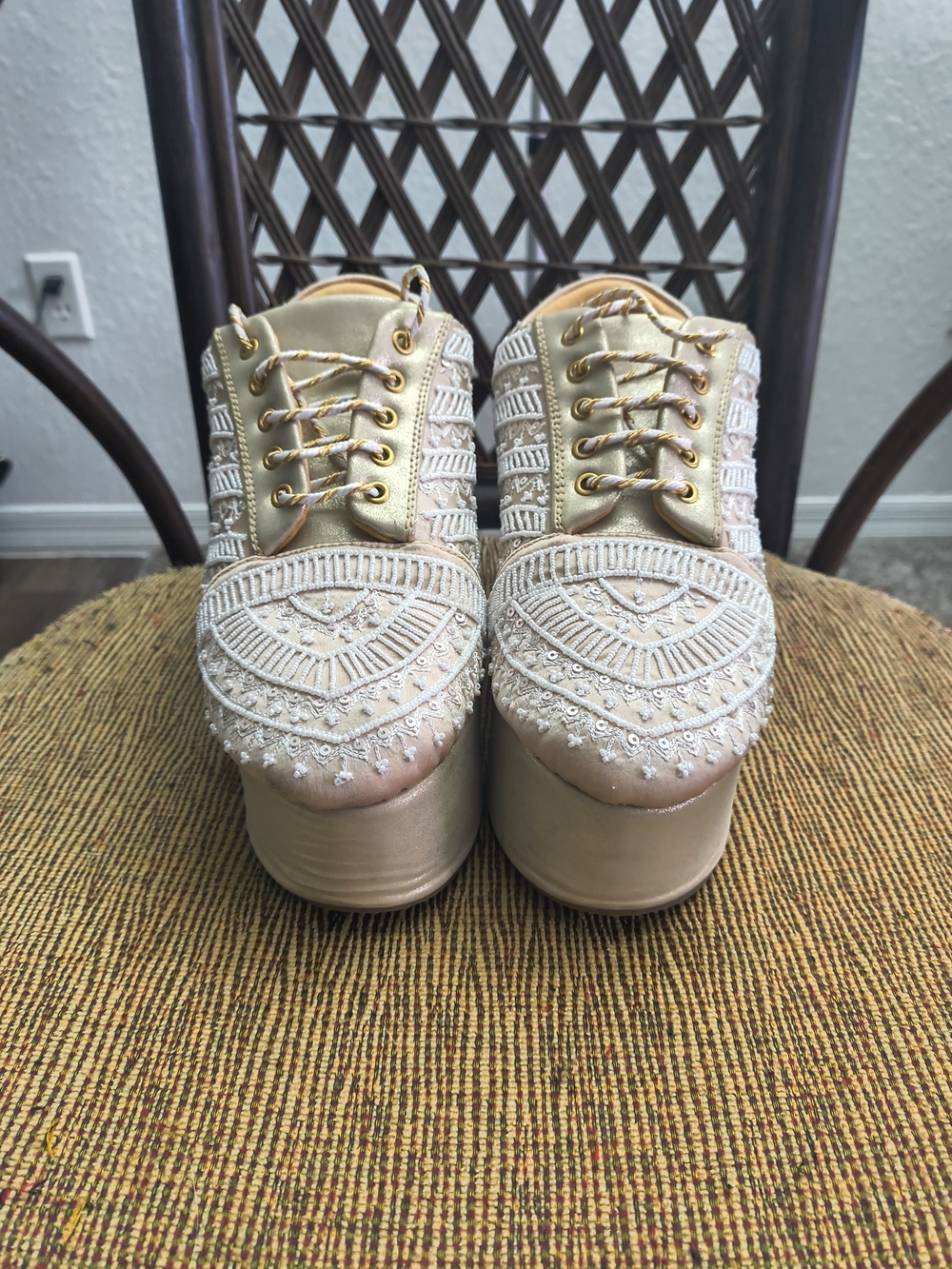 Ivory Embroidered Platform Lace-Up Shoes